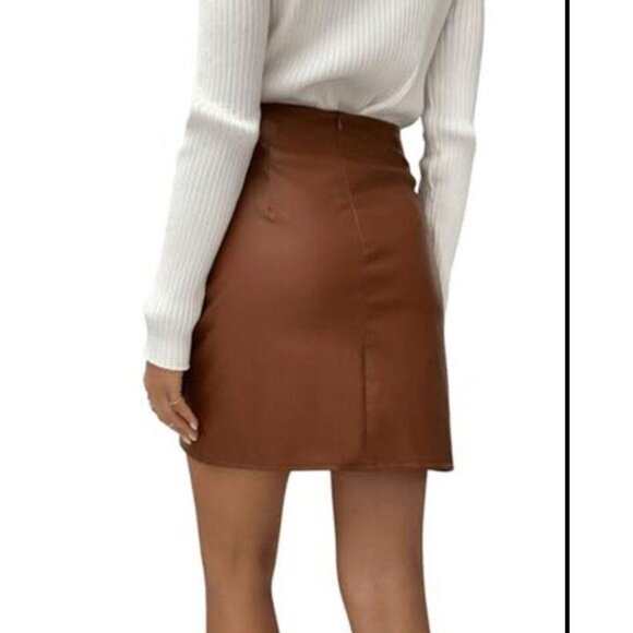 Women's M Brown Bodycon Mid Rise Faux Leather Short Wrap Ruched Skirt Tulip Hem - Picture 5 of 7